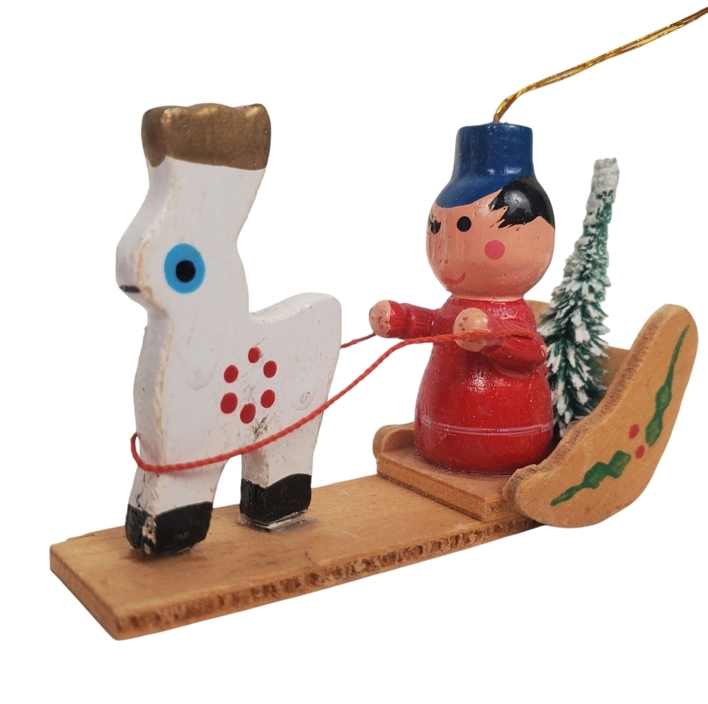 Vntg Holiday Sleigh Ornament with Red and Blue Accents
